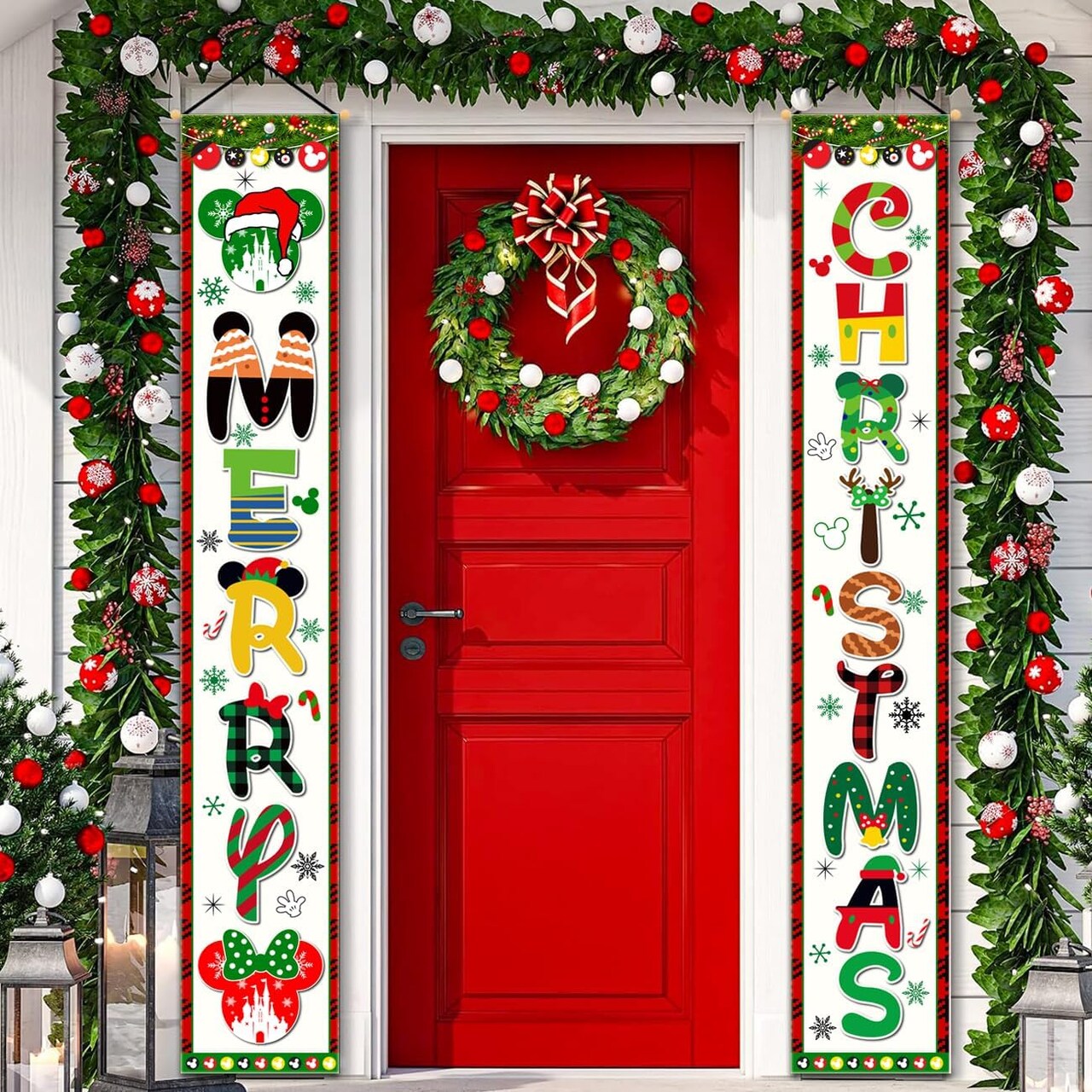 Christmas Decorations Porch Sign Banner, 2Pcs Merry Christmas Door Decorations Hanging Banner Christmas Indoor Outdoor Welcome Front Door Banner